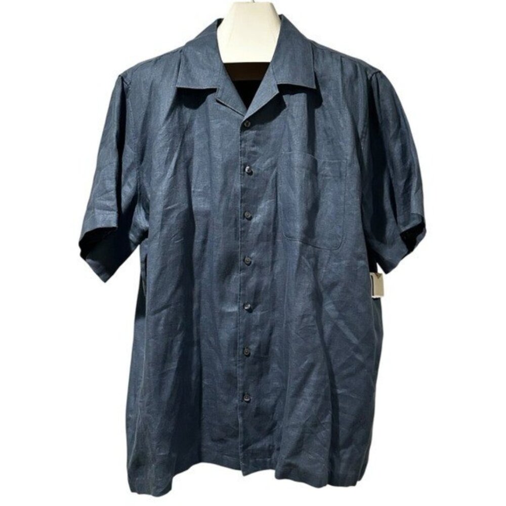 Breakwater Men's XL 100% Linen Casual Button Up Blue Short Sleeve Shirt NWT